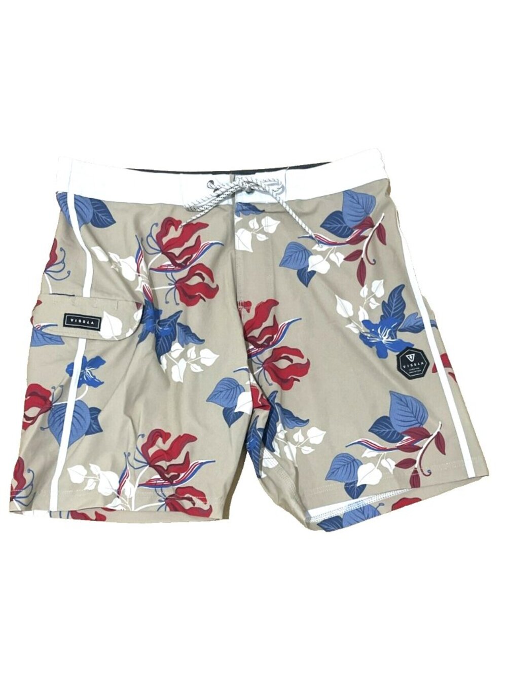 Vissla Swim Trunks Beige Floral Board Shorts Bathing Suit Stretch Mens Size 34